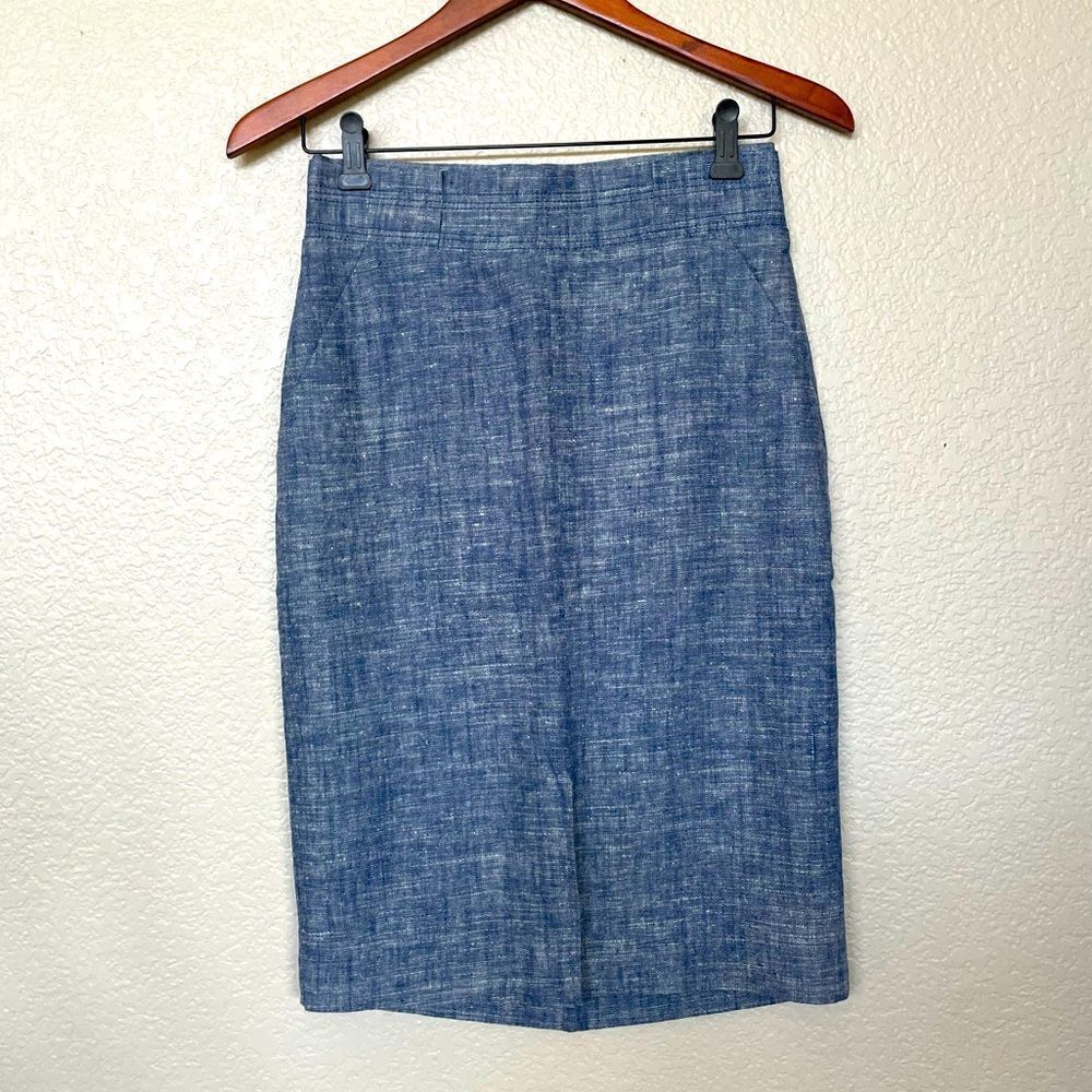 Ann Taylor Petite Blue Linen Pencil Skirt 0P